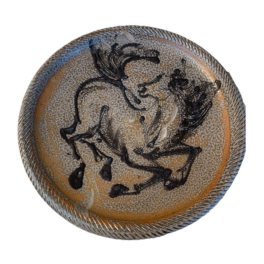 Vtg ROCK HARD Salt Glaze Pottery Stoneware 7” GALLOPING Horse Dish